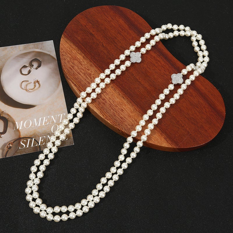 Korean Style Fresh Flower Inlaid With Diamonds And Pearls, Sweet, Fashionable And High-End Multi-Layered Long Sweater Chain, Small Jewelry Necklace - Image 3